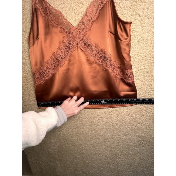 Elegant Lace Trim Satin Blouse - Rust - Picture 13 of 16